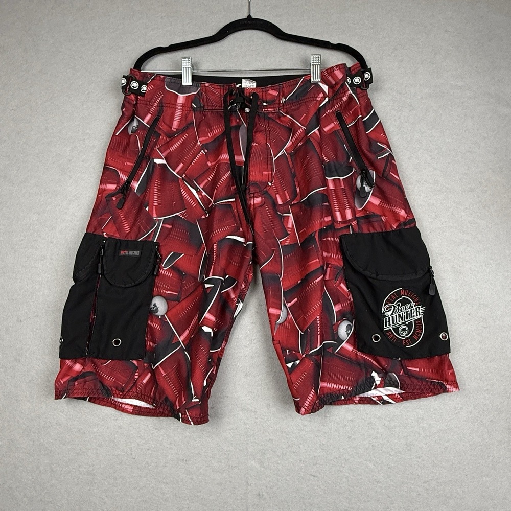 Metal Mulisha Men's Red Black Solo Cup Board Shorts Swim Trunks Y2K AOP Sz 34
